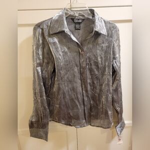 Vintage Silver Crinkled Button-Up Blouse, early 2000s, Size Small